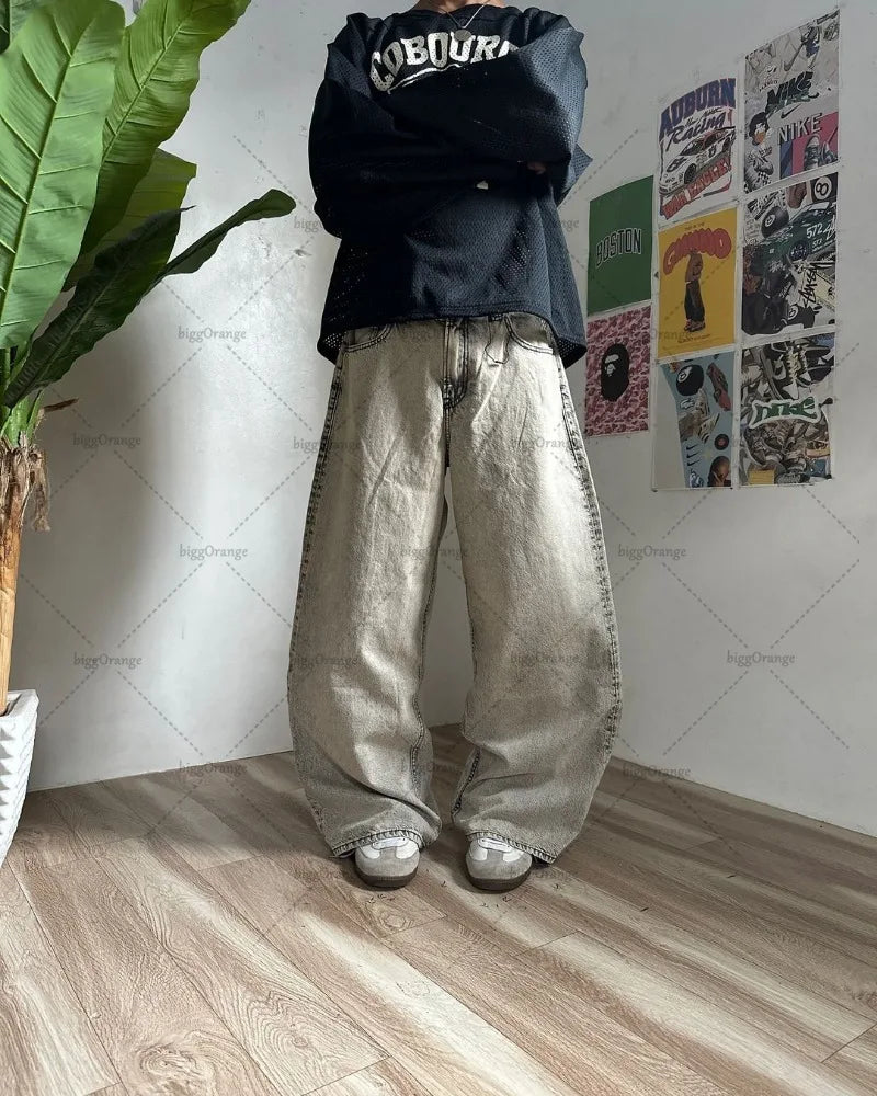 Y2K Harajuku Retro Washed Baggy Jeans Street Hip-hop Anime Printed Wide Pattern Straight Pants Men Trendy Brand Casual Trousers Street King Limited