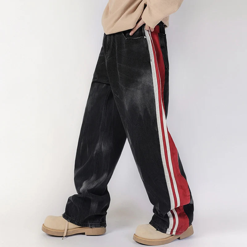 men streetwear fashion side splice hip hop loose casual wide leg straight baggy jeans pant cityboy jeans pants trousers ripped baggy denim