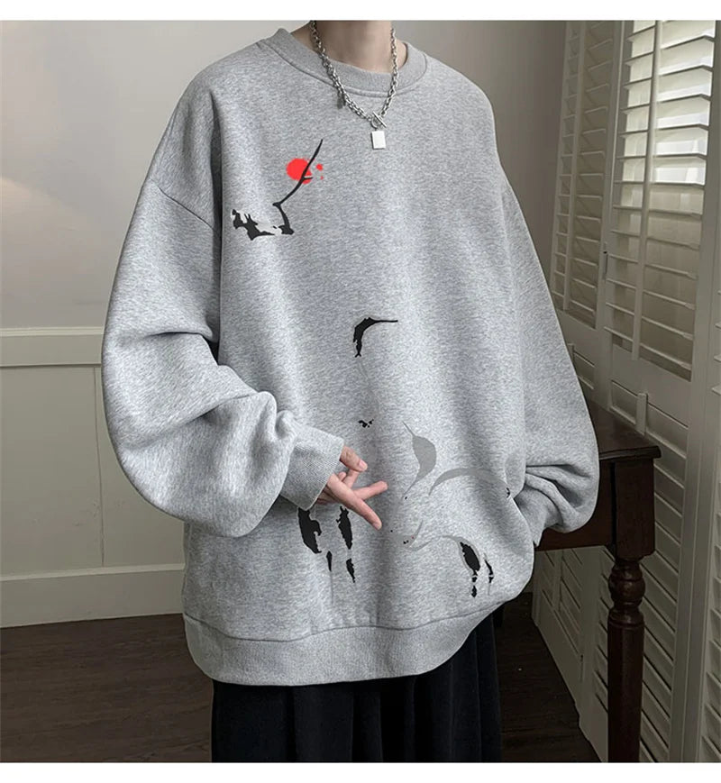Ink Painting Cartoon Crane Printed Pullover Hoodies For Men 2024 New Hip Hop Fashion Crewneck Hoody Y2K Streetwear Sweatshirts Street King Limited
