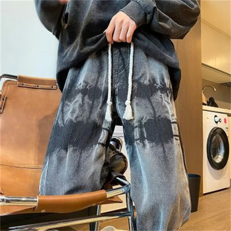 2025 new tie dye retro drawstring jeans for men baggy high street straight pants hip hop fashion casual y2k jean hombre pantalon ripped baggy denim