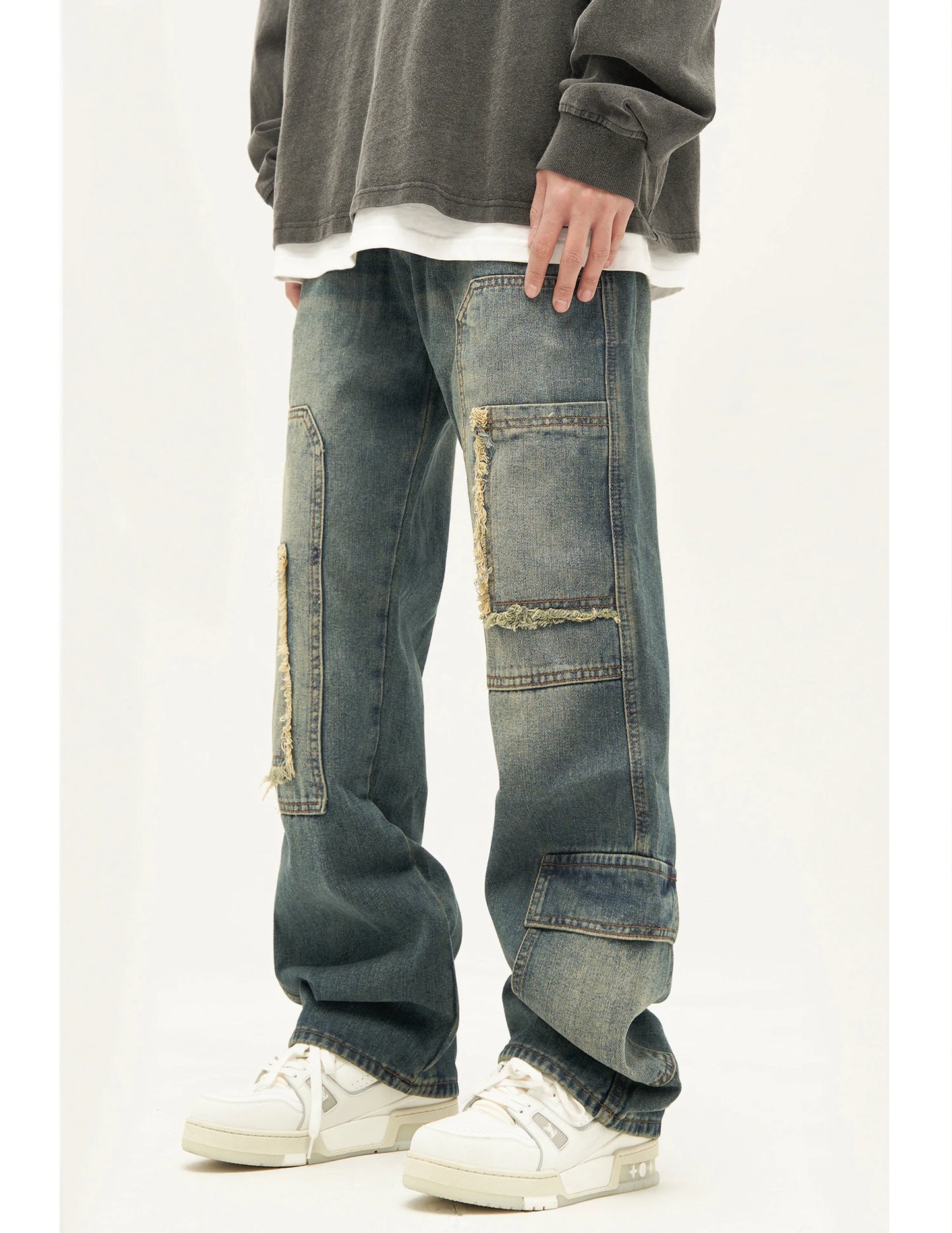 retro washed denim jeans destroyed ripped loose mens biker jeans side pocket fashion streetwear hip hop straight pants joggers unique joggers style 1196