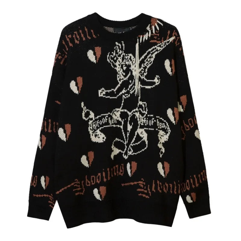 Hip Hop Harajuku Angle Pattern Knitted Sweater Unisex Pullover Streetwear Winter Casual Loose Mens Sweater Warm Jumper Knitwear Street King Limited