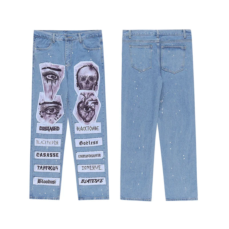 fashion skull graffiti patchwork denim jeans mens zipper jeans hip hop streetwear casual harajuku straight joggers jeans pants unique joggers style 5467