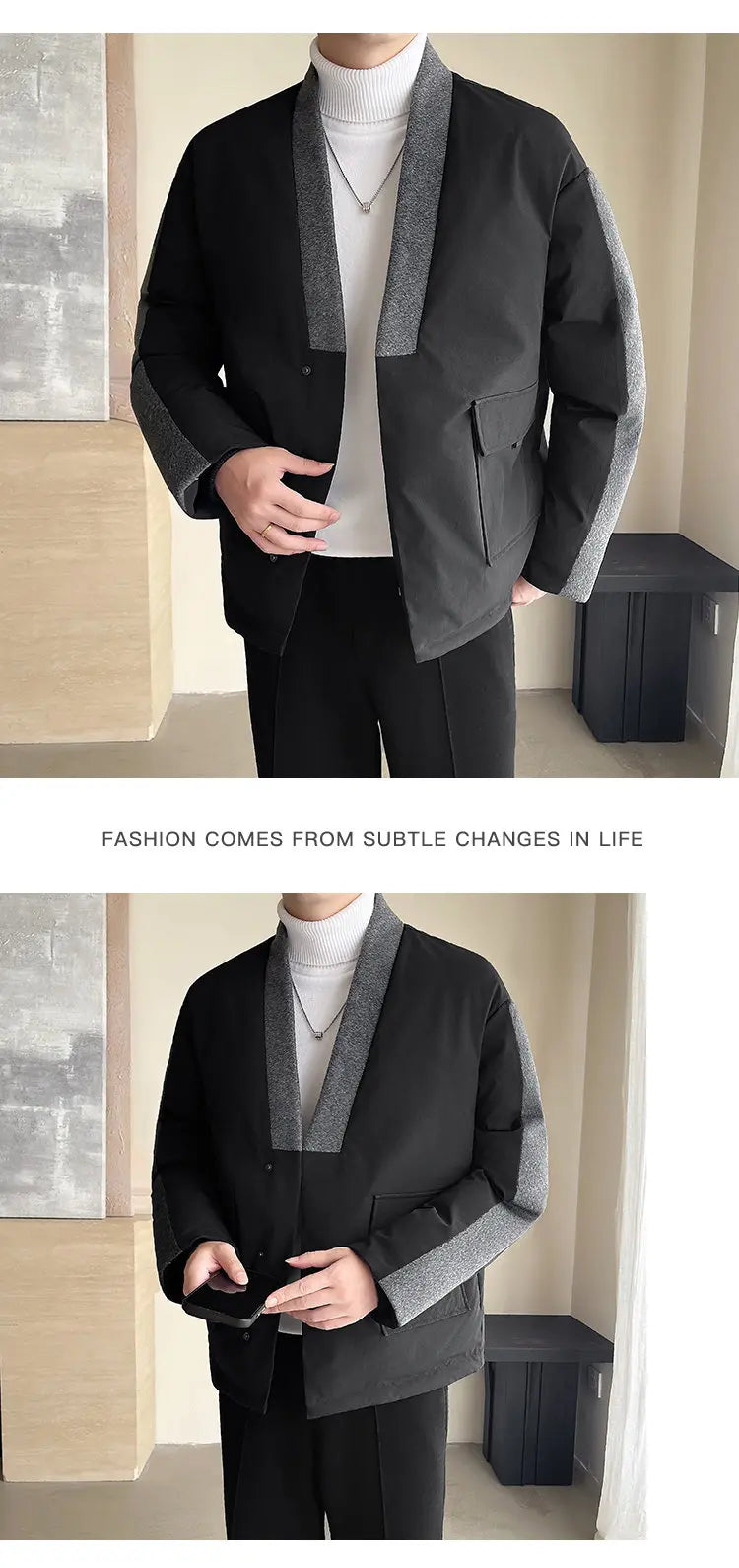 2024 Winter Collarless Cotton-padded Jacket Men Japanese Korean Fashion Loose Casual Thicken Warm Parkas Jacket Cityboy Coat Street King Limited