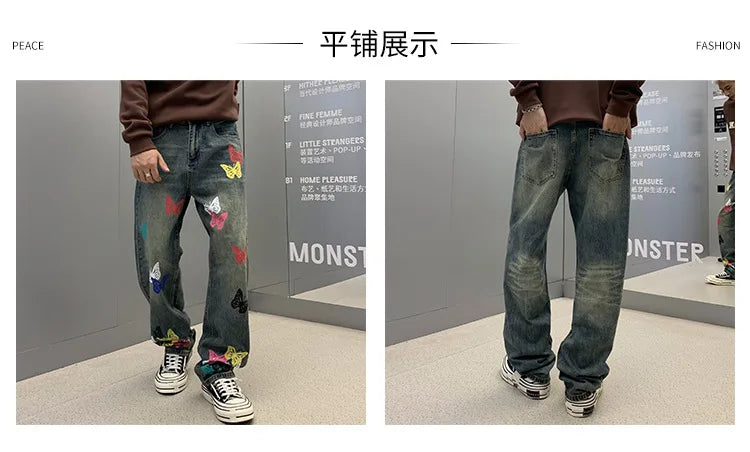 butterfly print jeans men streetwear fashion vibe loose casual hiphop straight washed denim pant jeans cityboy teen trousers unique jeans style 2561