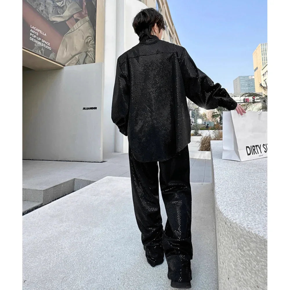 mens sequin 2 piece sets loose casual long sleeve shirt pant stage fashion party show clothing dress shirts trousers costumes menswear bottoms