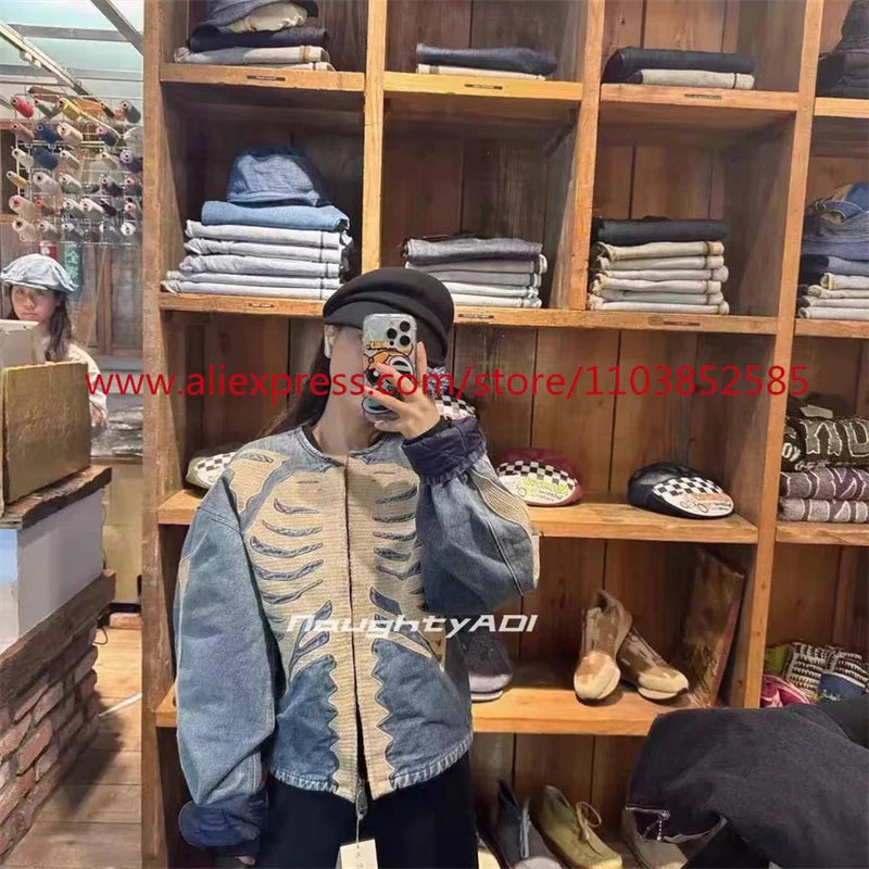 vintage mens long sleeved denim jacket high street oversized washed bone embedding tops clothing autumn winter 2024 heavyweight unique jeans style 1328