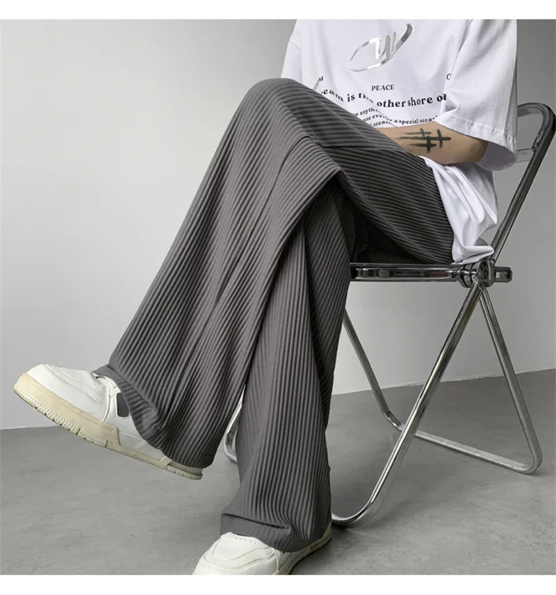 summer texture straight pants for men korean fashion baggy wide leg trousers casual drape pleated striped y2k pantalones hombre unique default style 479