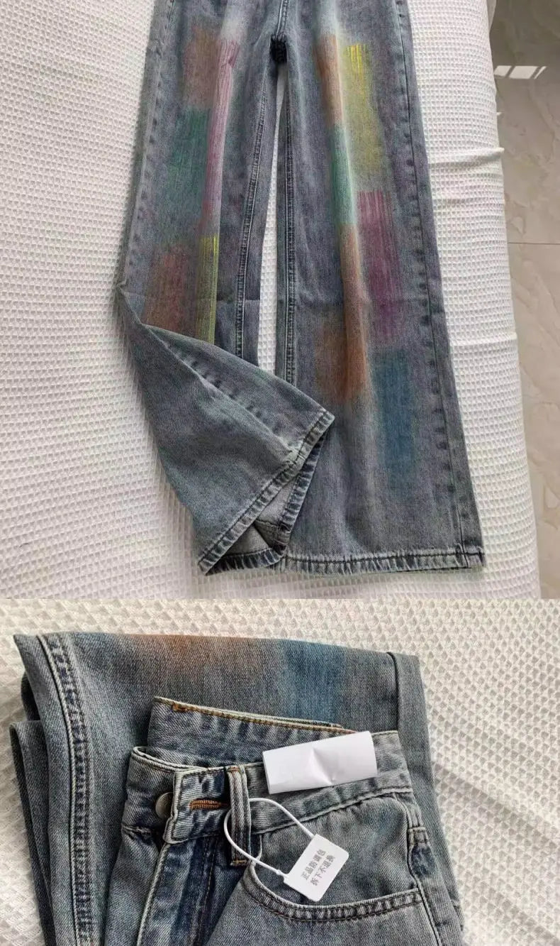 american retro personalized trend color gradient jeans for men and women new washed straight leg micro flared casual pants y2k unique jeans style 642