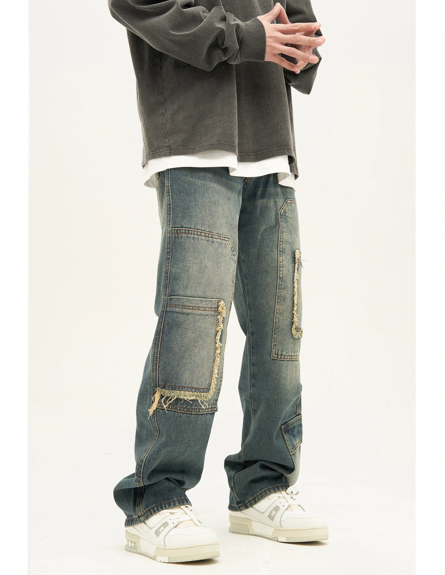 retro washed denim jeans destroyed ripped loose mens biker jeans side pocket fashion streetwear hip hop straight pants joggers unique joggers style 1197