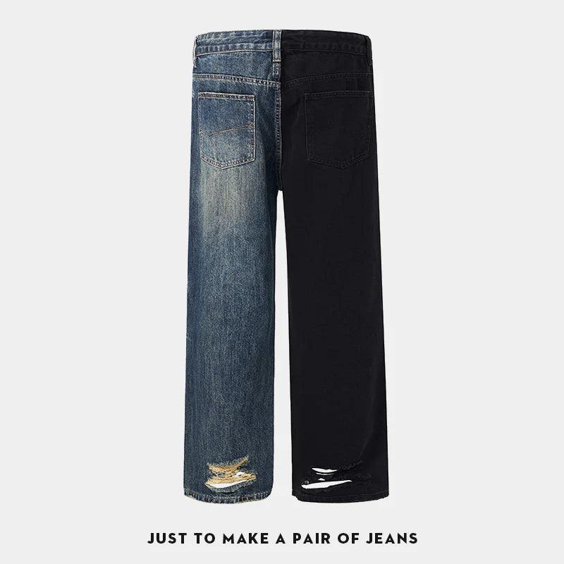 men streetwear fashion black blue splice hip hop loose casual wide leg straight baggy jeans pant cityboy jeans pants trousers ripped baggy denim