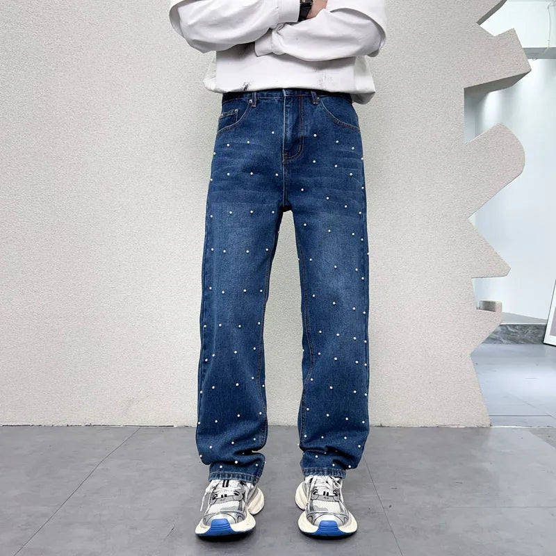 men bead streetwear fashion hip hop vibe loose casual wide leg straight denim jeans baggy pant man boyfriend jeans trousers unique jeans style 2882