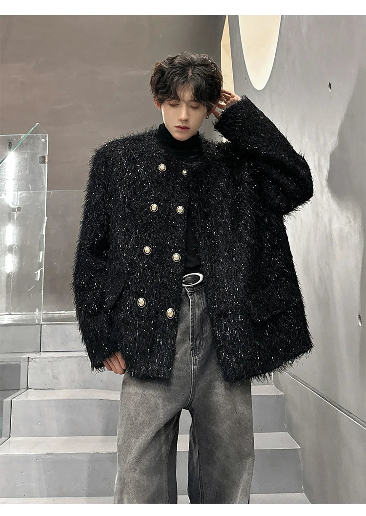 men double breasted french streetwear retro fashion loose casual tassels woolen short jacket man korean coat outerwear unique shorts style 1287