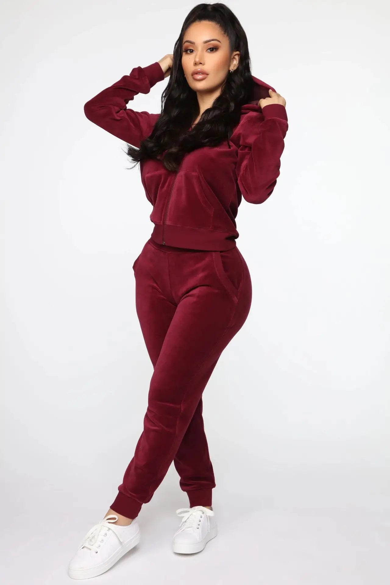 Women's Velvet Hooded Zipper Sweater Elastic Waist Trousers Two-piece Set Fashion Personality Trend Clothing Two-piece Slim Suit Street King Limited
