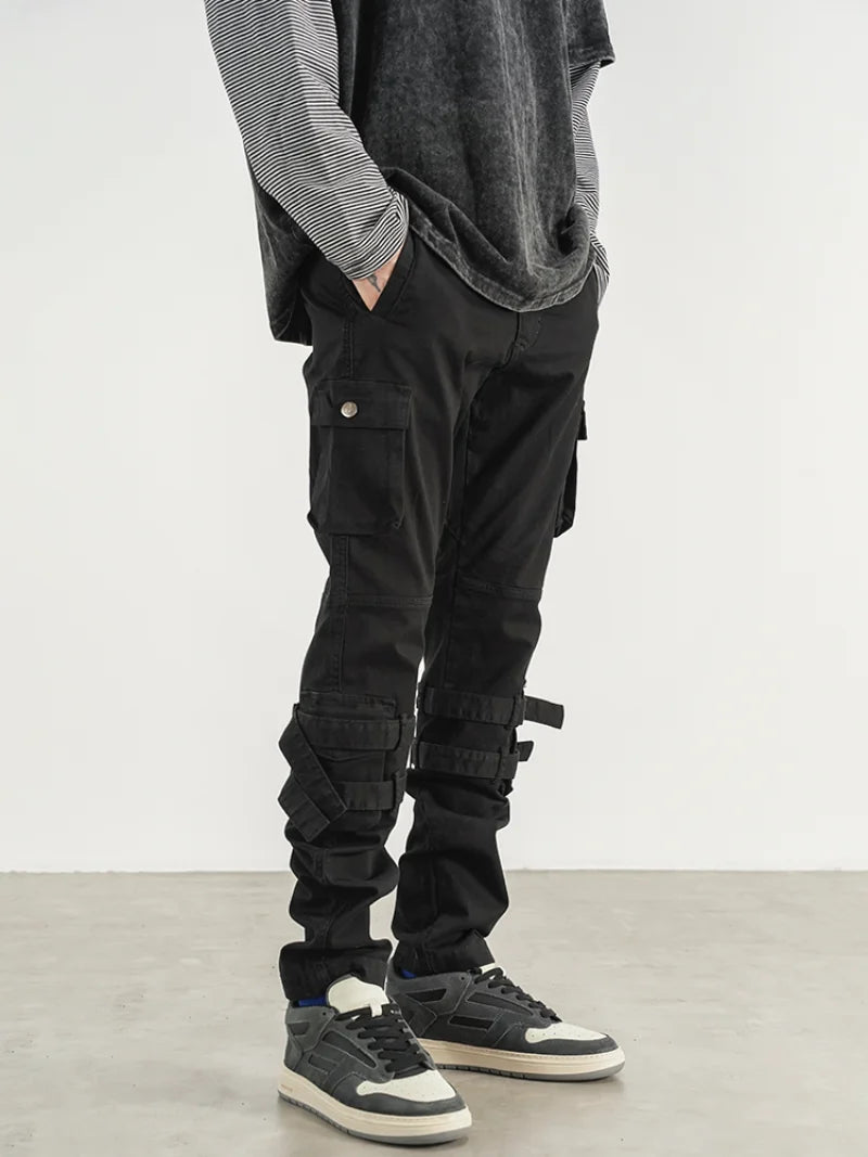 mens high street jeans casual hip hop military cargo pockets trousers new fashion slim fit zipper skinny denim pants joggers streetwear sweatpants