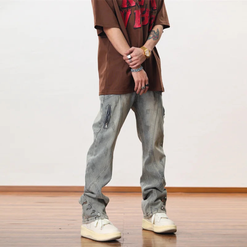 hip hip streetwear denim straight pants mens harajuku retro washed cotton casual zipper joggers jeans trousers pants jean men streetwear sweatpants