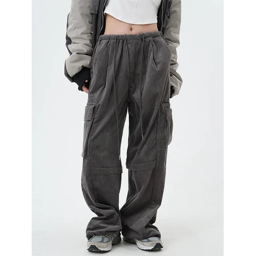 women high street corduroy pants casual elastic waist side pocket loose straight pant unisex hip hop y2k loose streetwear jogger unique joggers style 1344