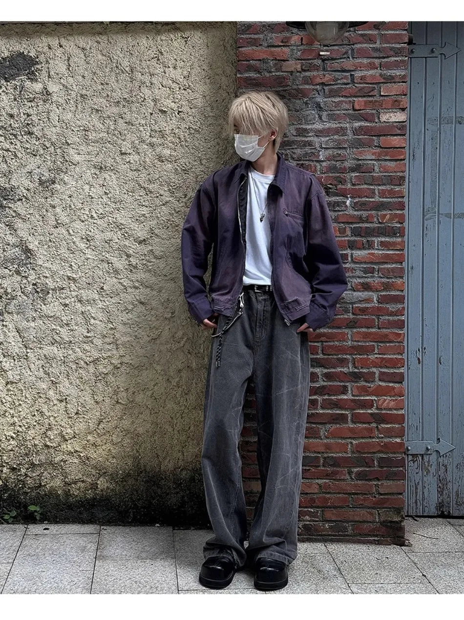 y2k hip hop gradient jacket mens tooling canvas high street lapel short coats washed retro motorcycle outwear trend 2024 new unique shorts style 3792