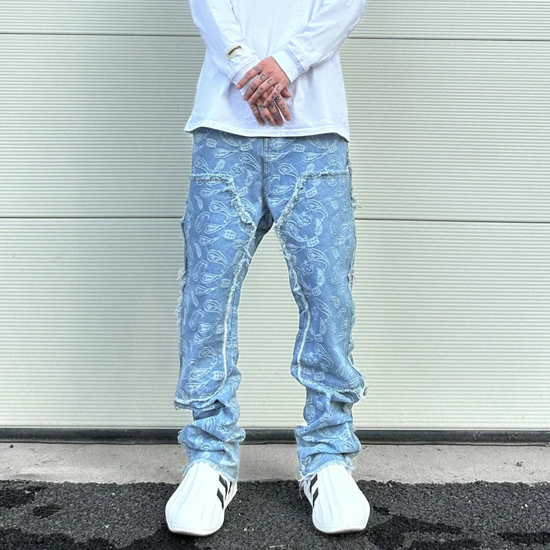 vintage high street washed light blue flared jeans cashew flower jacquard pattern rough edge jeans pants for men and women unique jeans style 911