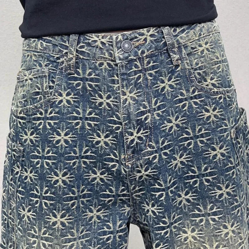 men jacquard loose casual hip hop vibe splice pocket denim baggy jeans pants man streetwear ripped jeans trousers boyfriend unique jeans style 2987
