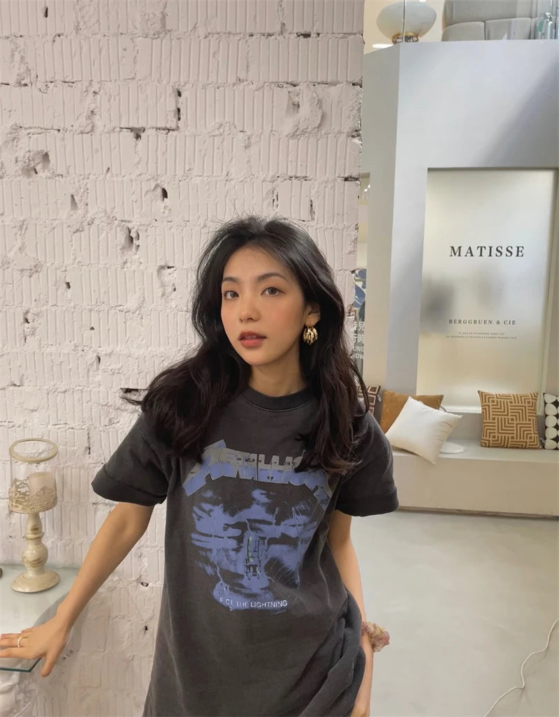Summer Vintage High Street Wash Lightning Print T-shirt Vintage Heavy Metal Rock Band Short Sleeve Japanese Street Pure Cotton Street King Limited