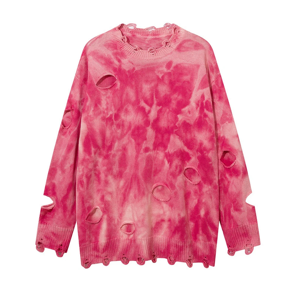 2023 Y2K Hole Knitted Sweater Hip Hop Streetwear Tie Dyed Distressed Ripped Pullover Men Harajuku Casual Knitwear Unisex Street King Limited