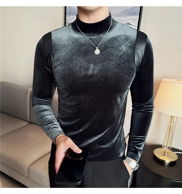 Turtleneck Stretch Slim-fit T-shirt Men Long Sleeve Thicken Elastic Velvet Retro Fashion Casual Tshirt Handsome Man T Shirts Street King Limited