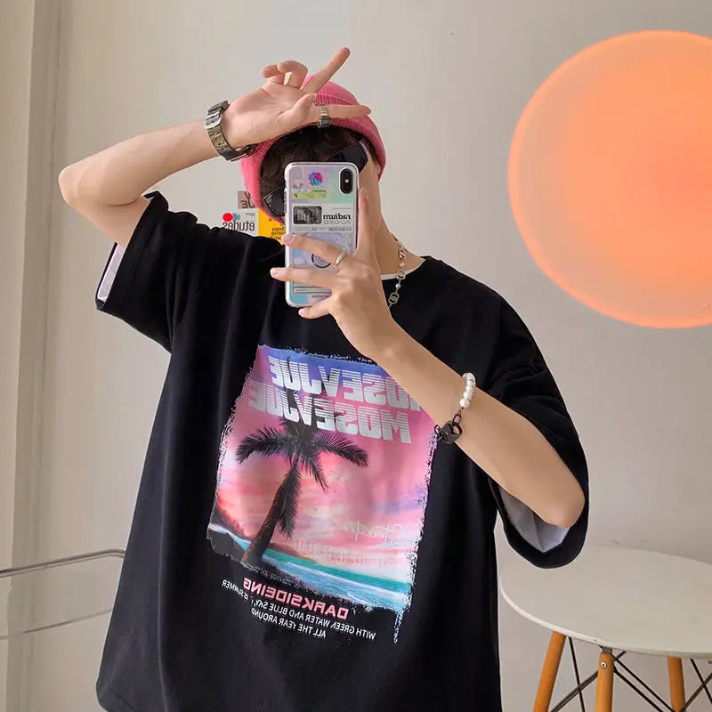 Short-sleeved men's t-shirt summer versatile Korean style loose half-sleeved student fashion brand pure cotton T-shirt y2k tops Street King Limited
