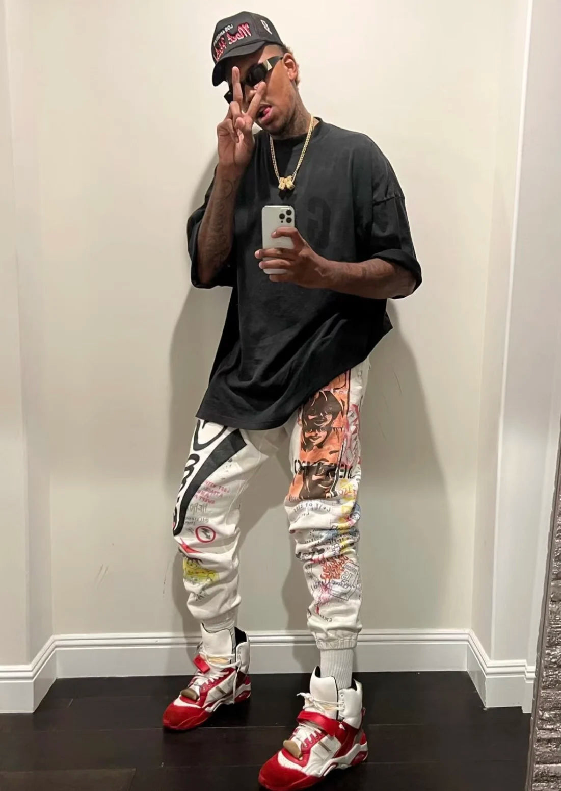 24ss vintage retro graffiti washed worn cotton high street long pants leggings clean everyday pants