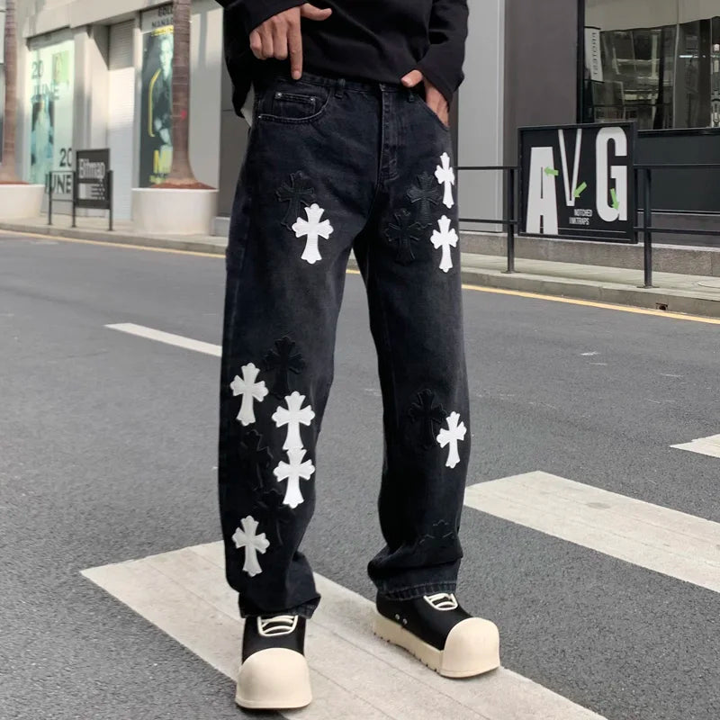 men embroidery streetwear brand fashion hip hop loose casual straight motorcycle denim jeans pant cityboy y2k jeans trousers unique jeans style 2381