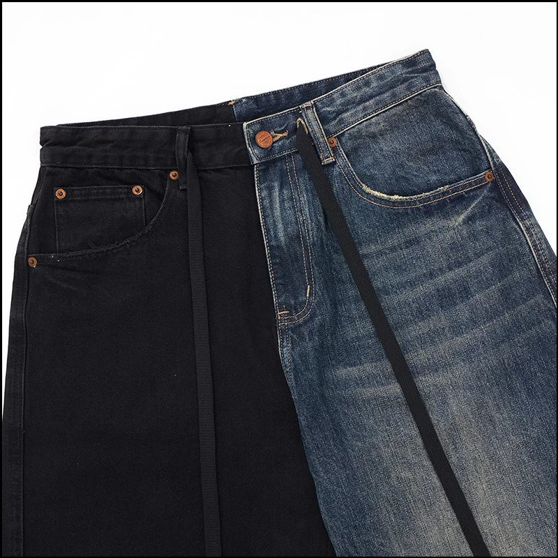 men streetwear fashion black blue splice hip hop loose casual wide leg straight baggy jeans pant cityboy jeans pants trousers denim street jeans