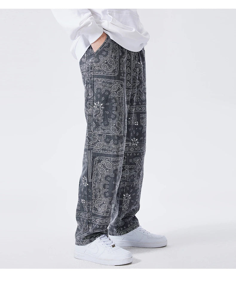 mens hip hop straight denim jeans pants fashion zipper paisley jeans streetwear casual loose trousers pants joggers baggy jeans unique joggers style 1798