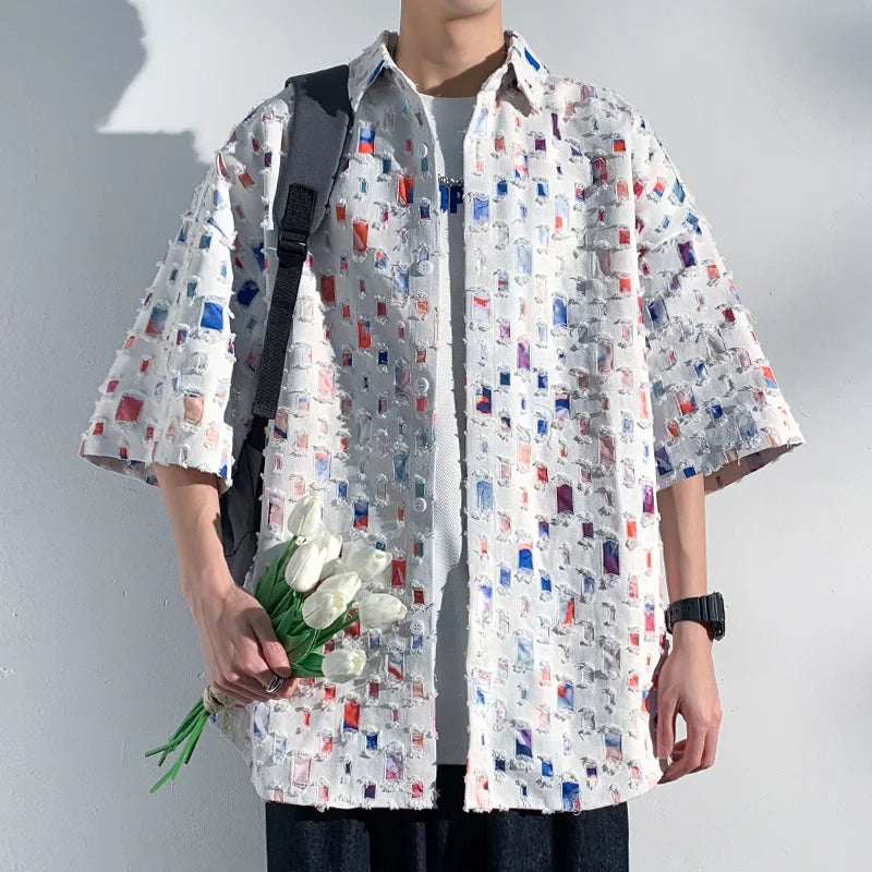 Summer Short Sleeved Shirt Men Fashion Retro Hollowed Out Shirt Men Streetwear Loose Colored Plaid Shirt Mens Large Size M-5XL Street King Limited