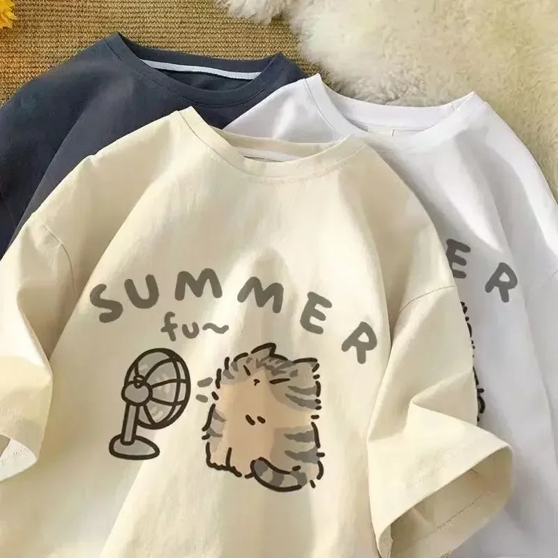 American Street Creative Blow Fan Cat Print Cotton T-shirt for Men and Women Summer Y2K Loose Couple Wear Round Neck INS Top Street King Limited