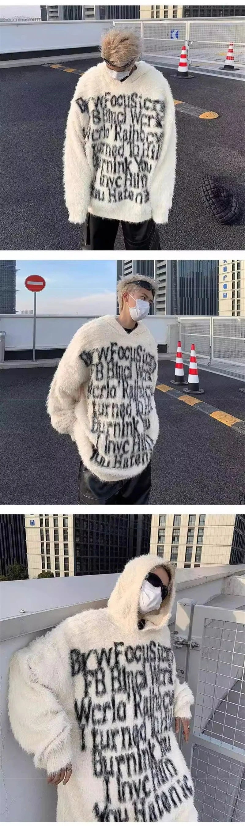American Goth Fashion Hooded Sweater Mens Hip Hop Letter Jacquard Knit