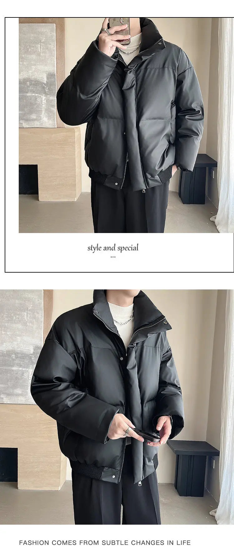 Winter Stand Collar Thicken Leather Short Jacket Men Fashion Loose Casual Warm Cotton-padded PU Leather Bomber Jacket Parka Coat Street King Limited