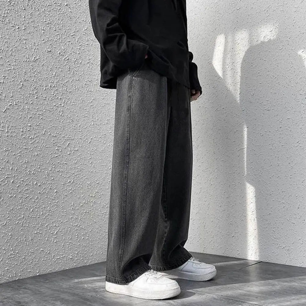 korean mens casual long jeans loose retro straight baggy pants denim wide leg pants light blue grey black retro washed jeans vintage washed jeans