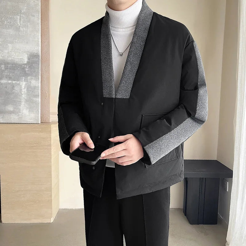 2024 Winter Collarless Cotton-padded Jacket Men Japanese Korean Fashion Loose Casual Thicken Warm Parkas Jacket Cityboy Coat Street King Limited
