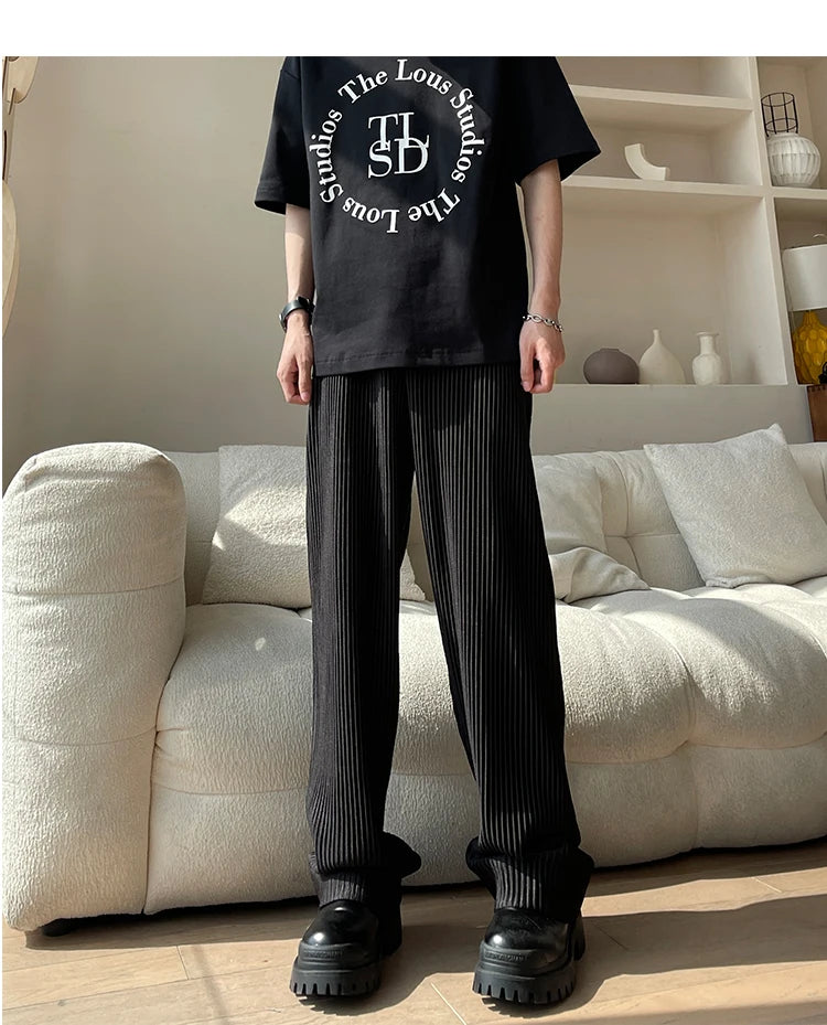 Summer Pleated Pants Men Oversized Fashion Casual Ice Silk Pants Men Streetwear Hip Hop Loose Wide Leg Pants Mens Trousers S-2XL Street King Limited