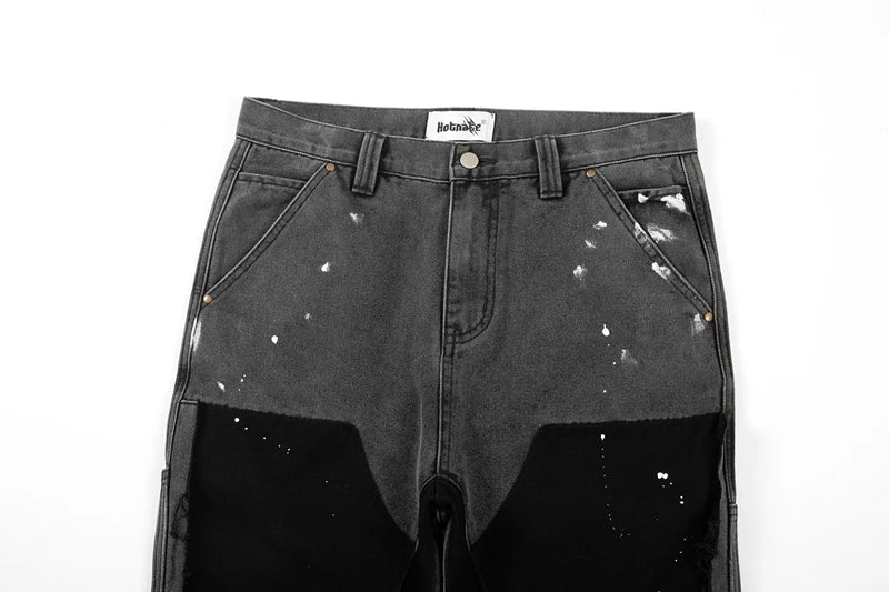 Harajuku Black Graffiti Flared Jeans Pants Patches Hip Hop Splashed Ink Wide Jeans Trousers Blue Slim Fit Washed Jeans for Men Street King Limited