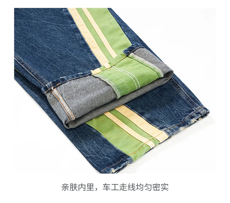 men streetwear fashion side splice hip hop loose casual wide leg straight baggy jeans pant cityboy jeans pants trousers unique jeans style 2481