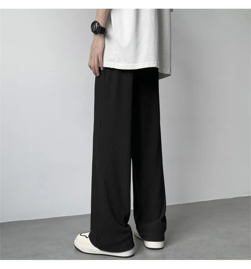summer texture straight pants for men korean fashion baggy wide leg trousers casual drape pleated striped y2k pantalones hombre unique default style 497