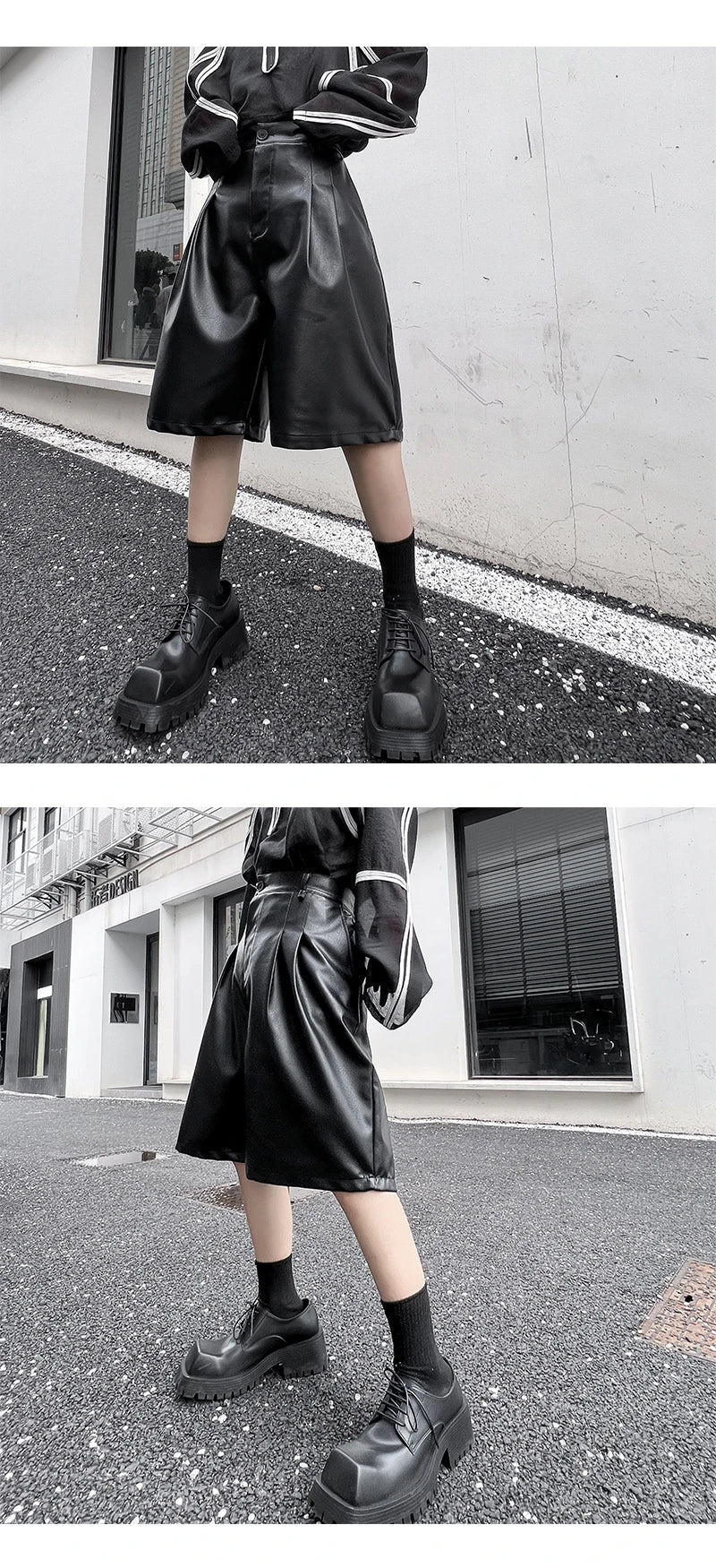 men japanses korean streetwear fashion hip hop loose casual dark black wide leg leather shorts male short pant unique shorts style 917
