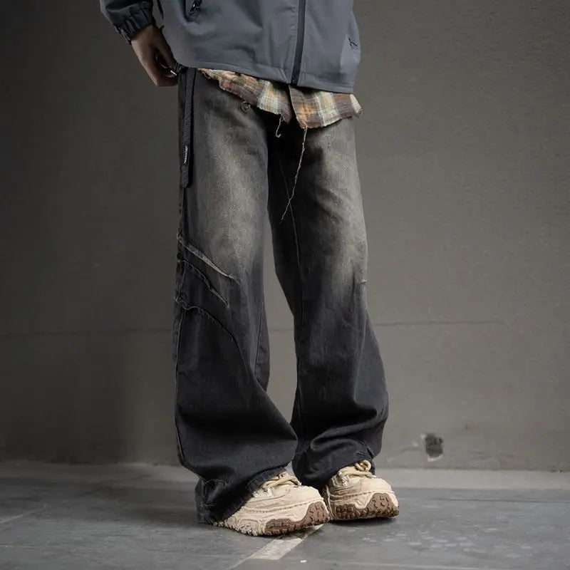 hip hop american trend retro straight leg washed denim jeans spring and autumn high street couple loose wide leg casual pants stacked flare jeans