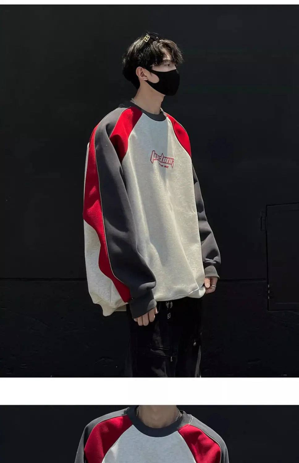 Trendy Personality Korean Motorcycle Style Round Neck Sweatshirt Men 2024 Spring Autumn Niche Contrasting Color Pullover Hot Top Street King Limited