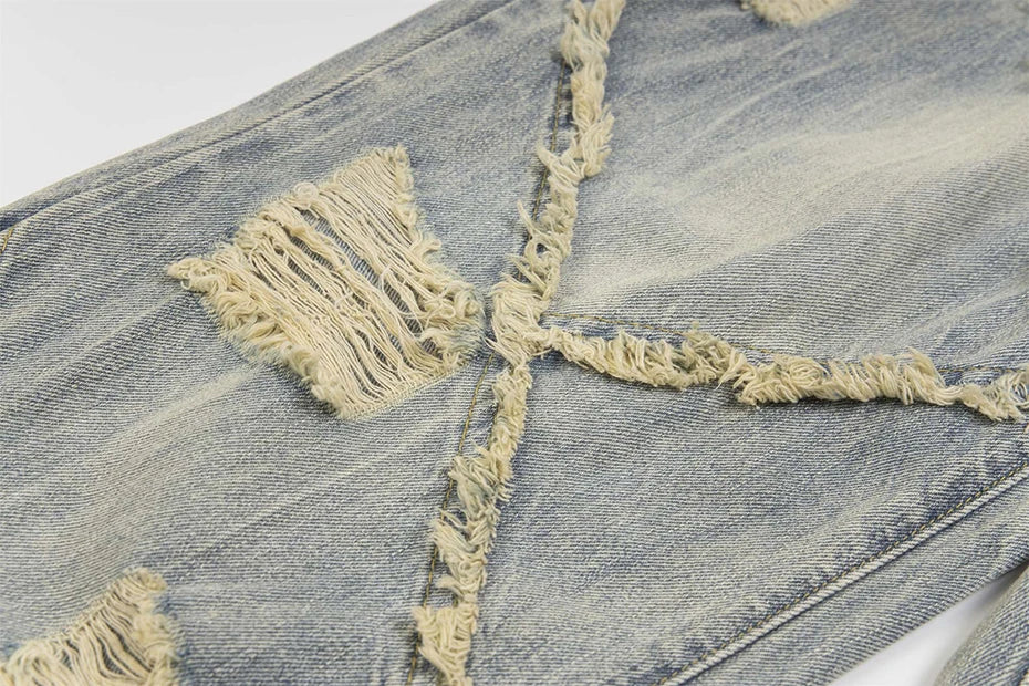 vintage ripped patchwork baggy jeans mens streetwear hip hop loose blue jeans trousers y2k distressed straight denim pants man unique jeans style 4226