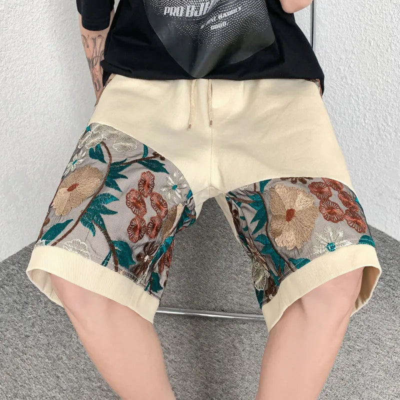 Summer Embroidery Shorts Men Fashion Casual Flower Shorts Mens Japanese Streetwear Loose Hip-hop Straight Shorts Men Plus Size Street King Limited