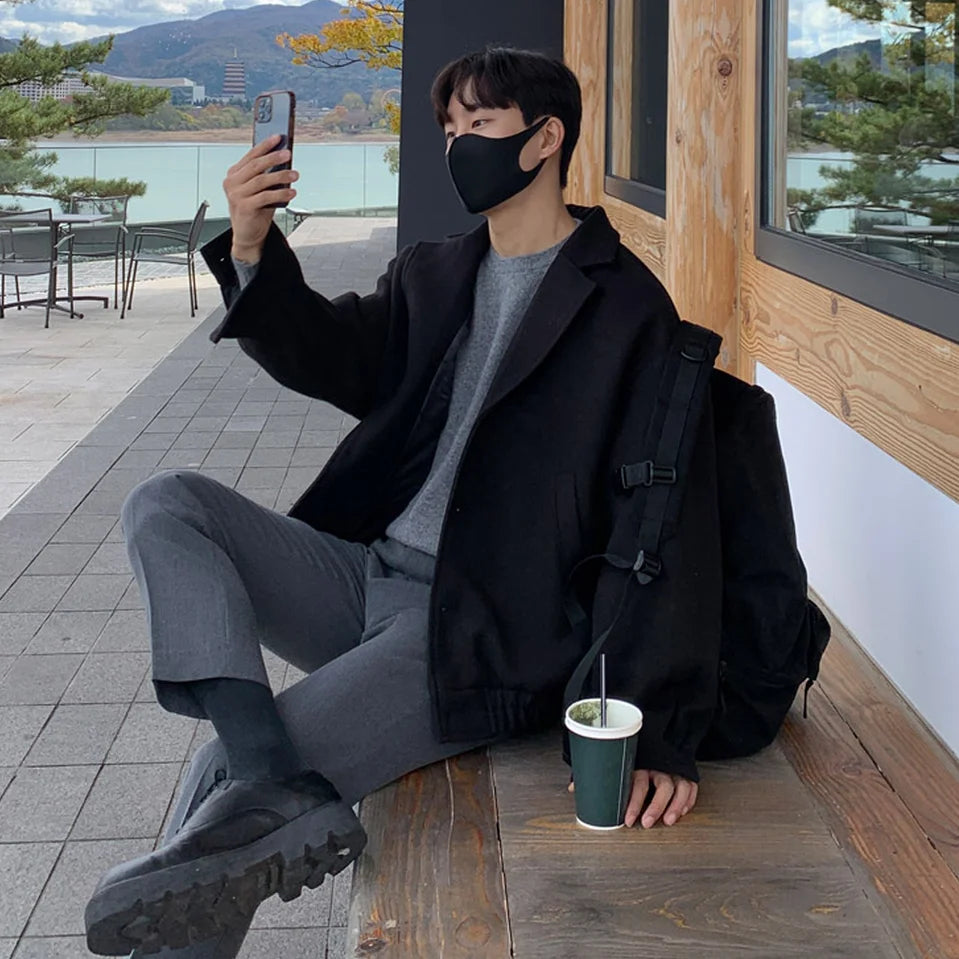 2024 loose casual mens solid color jacket fashion daily commuting windproof short woolen coat thickened warm relaxed fit shorts
