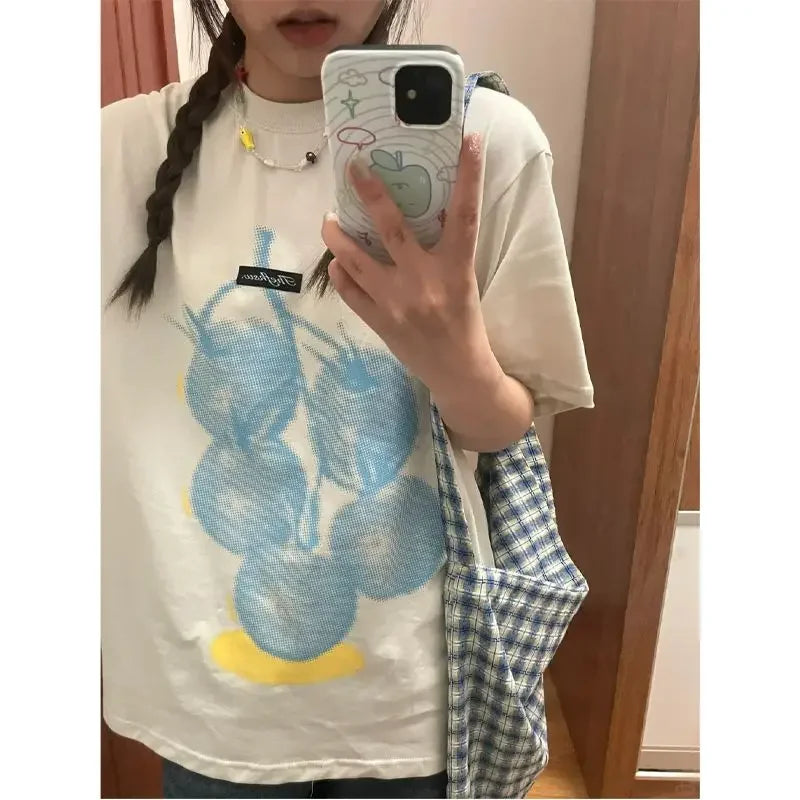 Summer Korean Street Printed Short-sleeved T Shirt Fashionable Women Retro Hip-hop Y2K Personality Harajuku Loose Design Top Ins Street King Limited