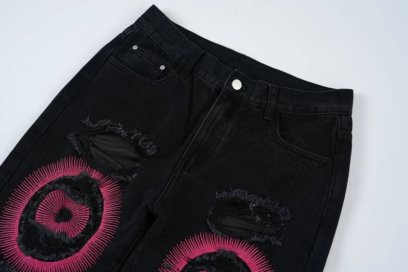 y2k streetwear embroidered ripped wide jeans for men washed destroyed torn flared jean male tassels hip hop jeans pants baggy unique jeans style 5172